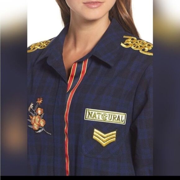 Sam Edelman Shirt Plaid Patch Embellished Plaid Sacket - Picture 3 of 12